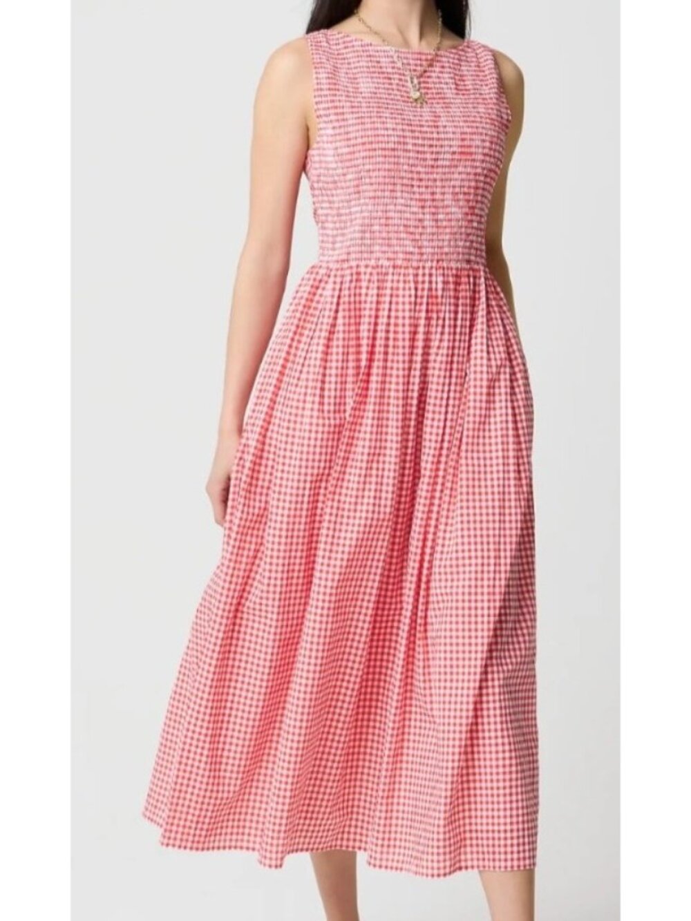 J.Crew Women's Sz Medium Smocked Boatneck Midi Dress Red & White Gingham